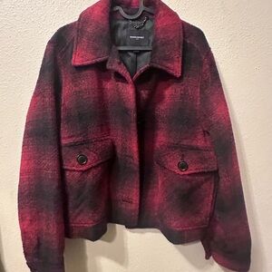 Banana Republic Red and Black Plaid Teddy Jacket